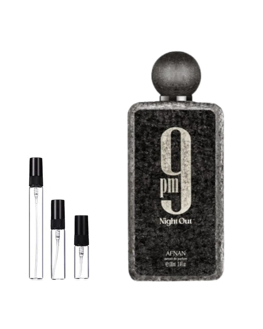 Afnan 9 PM Night Out sample – decant in glazen sprayflesje (2, 5 of 10 ml)