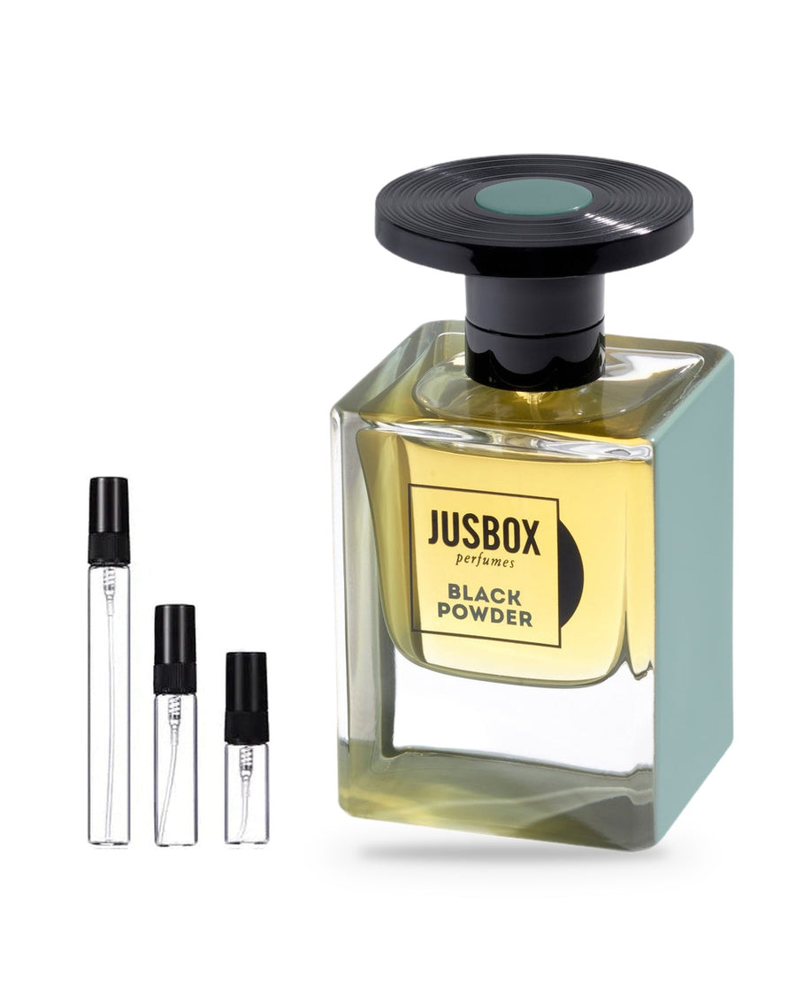 Jusbox Black Powder sample – decant in glazen sprayflesje (2, 5 of 10 ml)