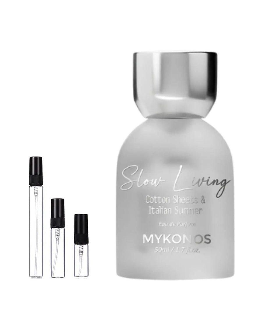 Mykonos Slow Living sample – decant in glazen sprayflesje (2, 5 of 10 ml)