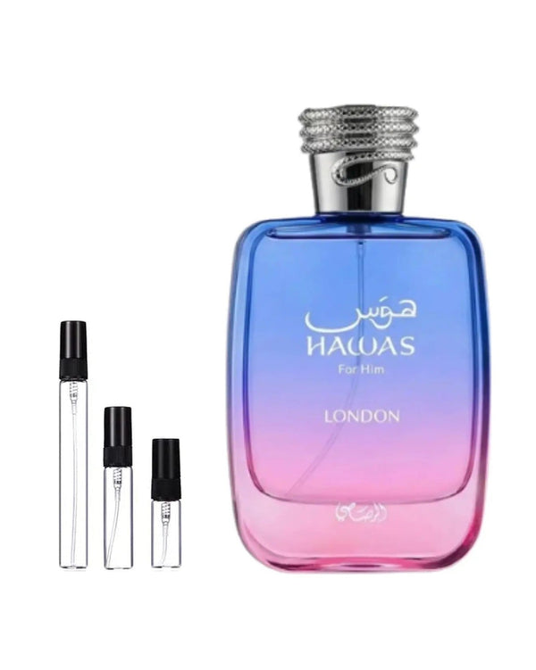 Rasasi Hawas London sample – decant in glazen sprayflesje (2, 5 of 10 ml)