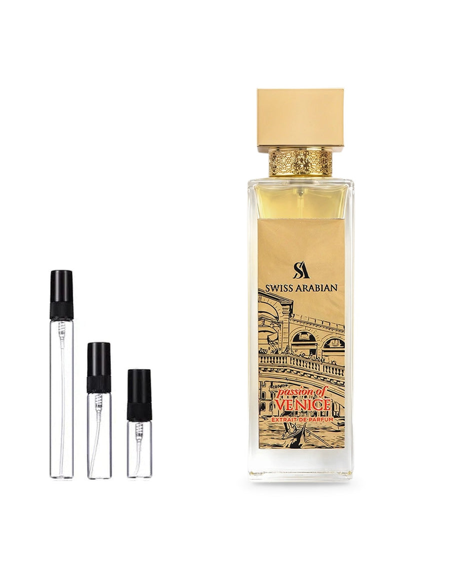 Swiss Arabian Passion Of Venice sample – decant in glazen sprayflesje (2, 5 of 10 ml)