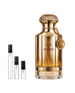 Ahmed Al Maghribi Oud & Roses Auric sample – decant in glazen sprayflesje (2, 5 of 10 ml)
