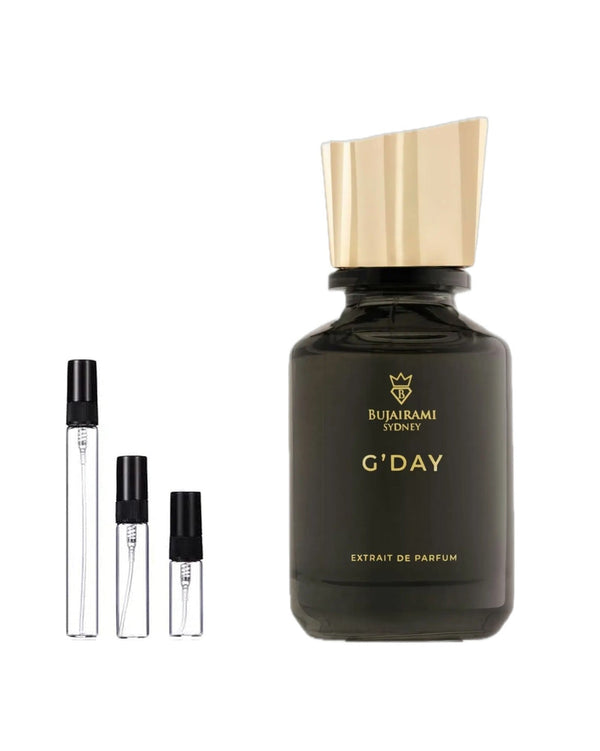 Bujairami G'DAY sample – decant in glazen sprayflesje (2, 5 of 10 ml)
