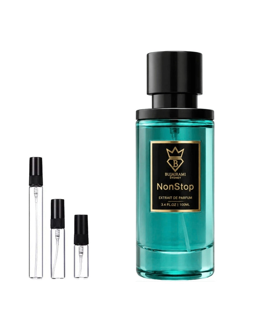 Bujairami Non Stop sample – decant in glazen sprayflesje (2, 5 of 10 ml)