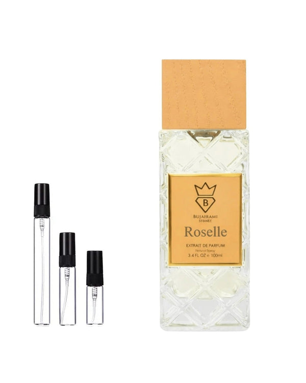 Bujairami Roselle Extrait sample – decant in glazen sprayflesje (2, 5 of 10 ml)