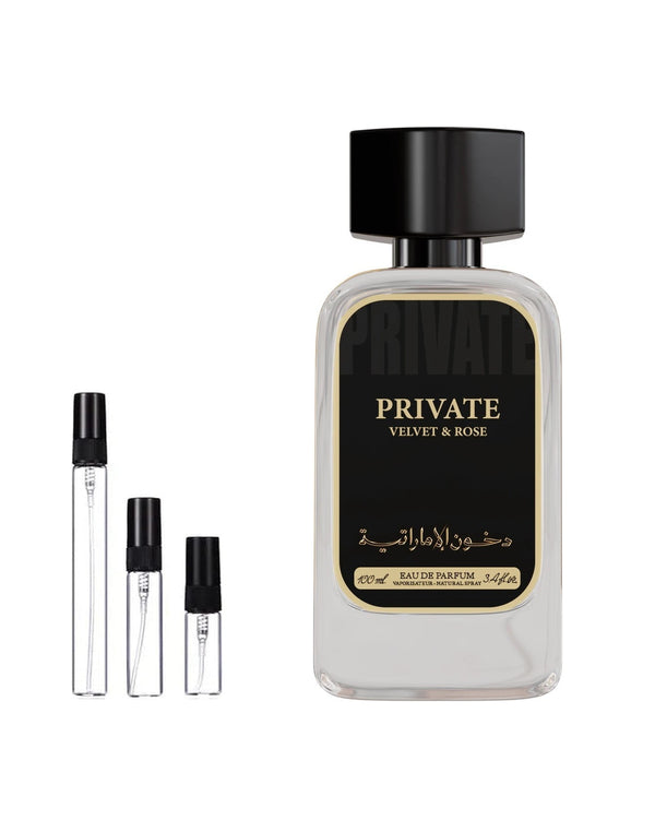 Dkhoon Emirates Private Velvet Rose sample – decant in glazen sprayflesje (2, 5 of 10 ml)