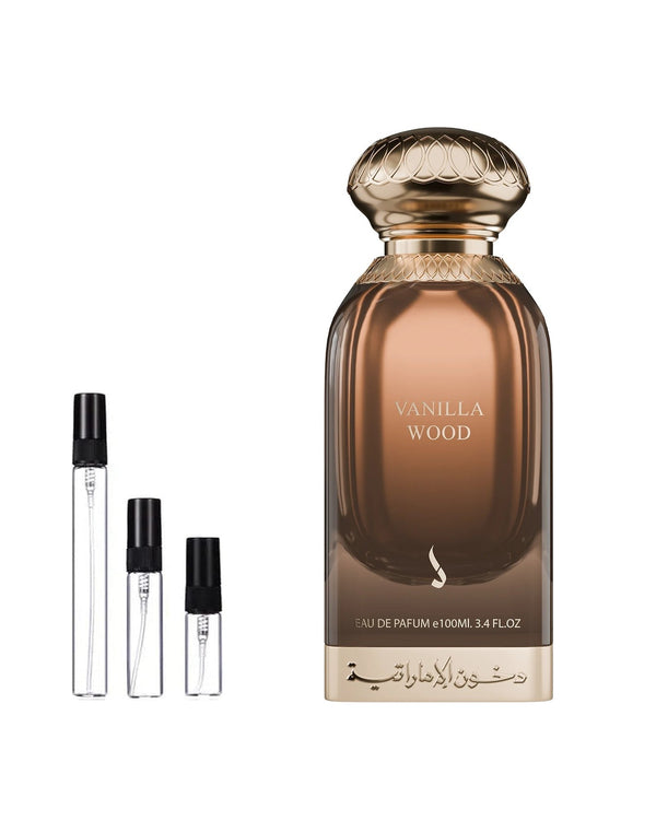 Dkhoon Emirates Vanilla Wood sample – decant in glazen sprayflesje (2, 5 of 10 ml)