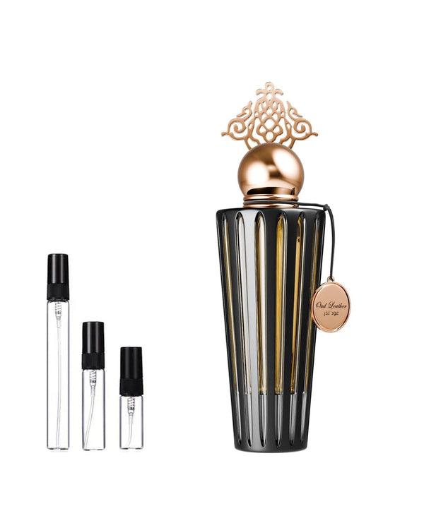 Ibraheem Al Qurashi Oud Leather sample – decant in glazen sprayflesje (2, 5 of 10 ml)
