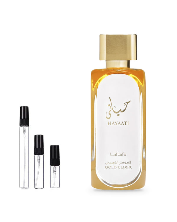 Lattafa Hayaati Gold Elixir sample – decant in glazen sprayflesje (2, 5 of 10 ml)