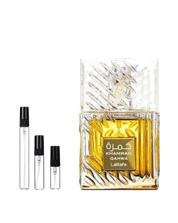 Lattafa Khamrah Qahwa sample – decant in glazen sprayflesje (2, 5 of 10 ml)