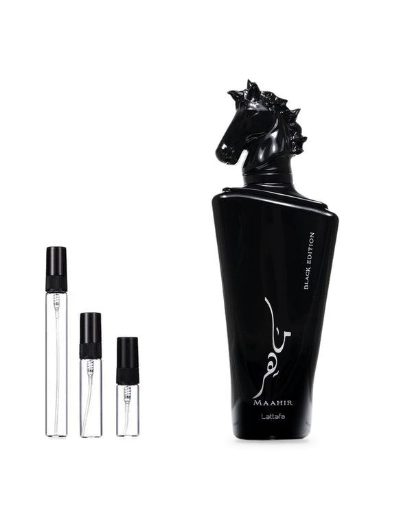 Lattafa Maahir Black Edition sample – decant in glazen sprayflesje (2, 5 of 10 ml)