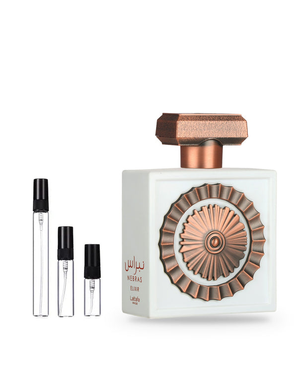 Lattafa Nebras Elixir sample – decant in glazen sprayflesje (2, 5 of 10 ml)
