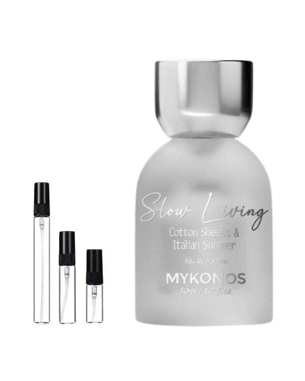 Mykonos Slow Living sample – decant in glazen sprayflesje (2, 5 of 10 ml)