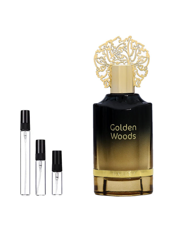 Naseem Golden Woods sample – decant in glazen sprayflesje (2, 5 of 10 ml)