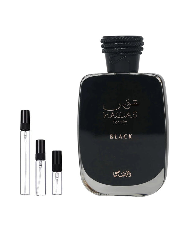 Rasasi Hawas Black sample – decant in glazen sprayflesje (2, 5 of 10 ml)