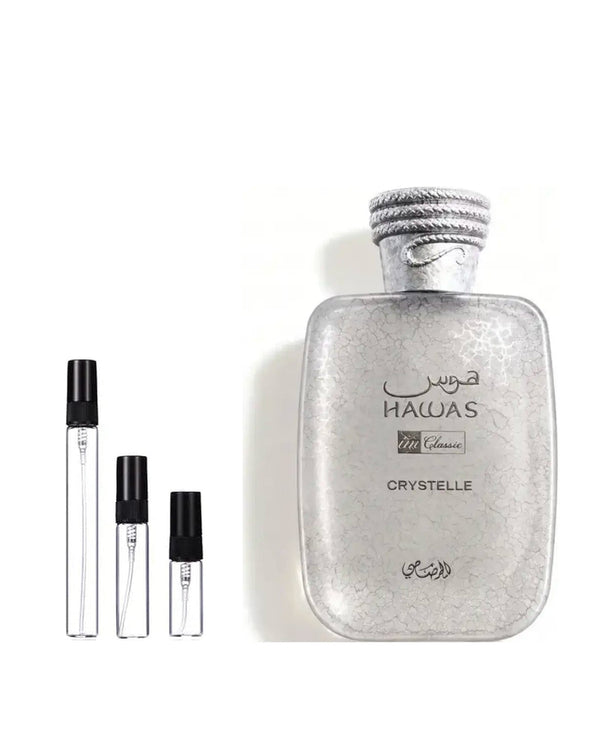Rasasi Hawas Crystelle sample – decant in glazen sprayflesje (2, 5 of 10 ml)