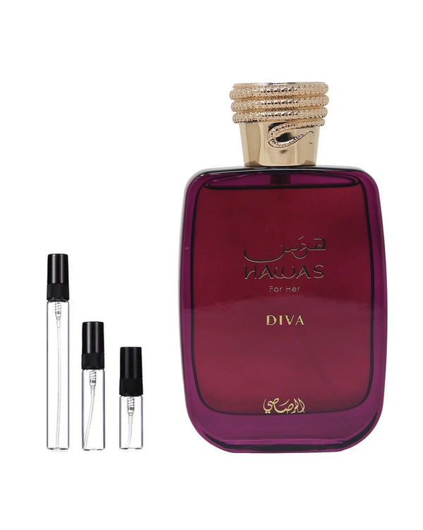 Rasasi Hawas Diva sample – decant in glazen sprayflesje (2, 5 of 10 ml)