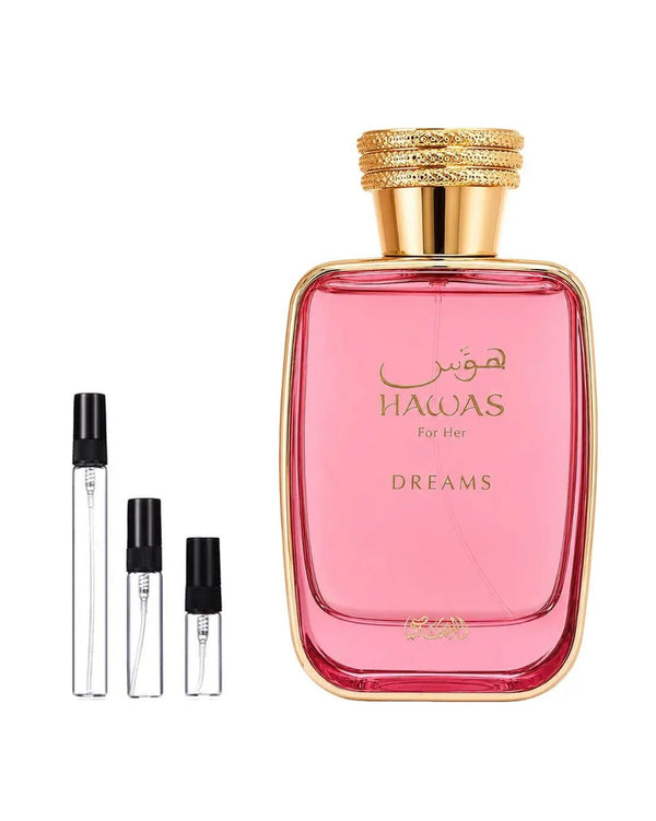 Rasasi Hawas Dreams For Her sample – decant in glazen sprayflesje (2, 5 of 10 ml)