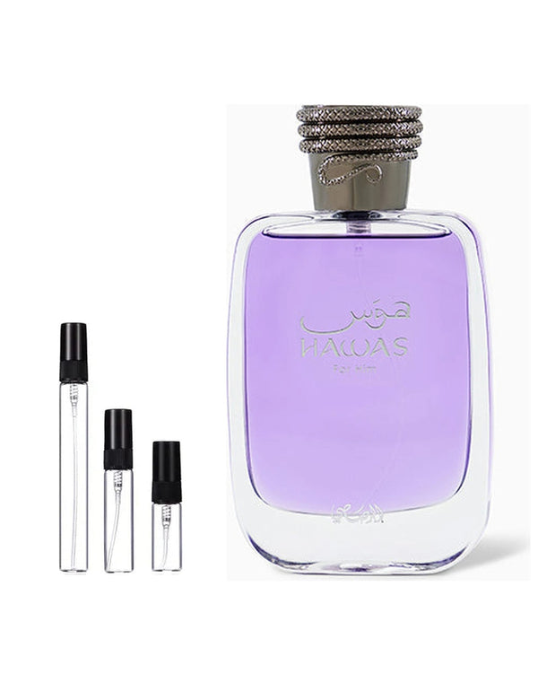 Rasasi Hawas For Him sample – decant in glazen sprayflesje (2, 5 of 10 ml)