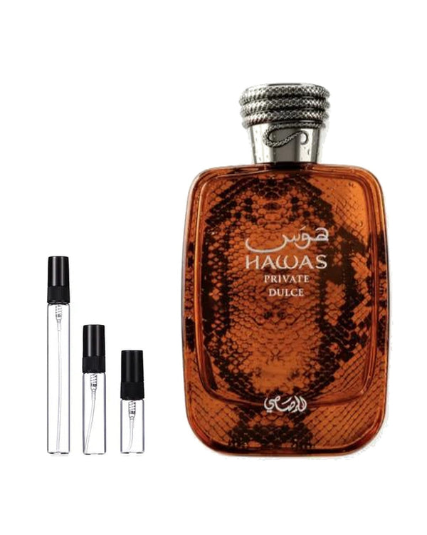 Rasasi Hawas Private Dulce sample – decant in glazen sprayflesje (2, 5 of 10 ml)