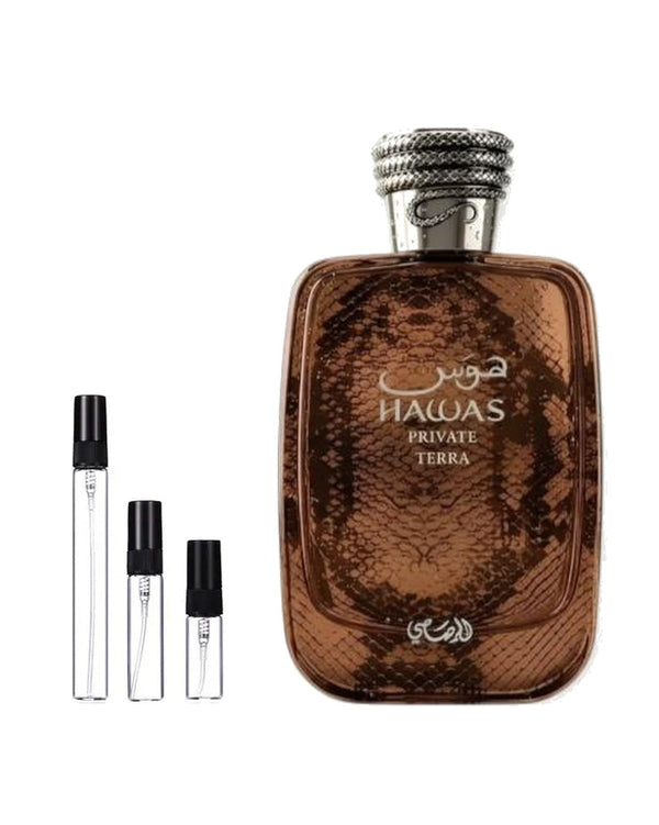 Rasasi Hawas Private Terra sample – decant in glazen sprayflesje (2, 5 of 10 ml)