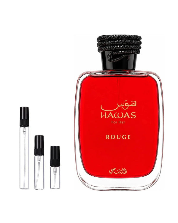 Rasasi Hawas Rouge sample – decant in glazen sprayflesje (2, 5 of 10 ml)