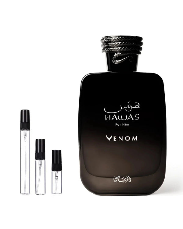 Rasasi Hawas Venom sample – decant in glazen sprayflesje (2, 5 of 10 ml)