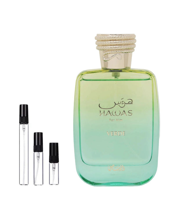 Rasasi Hawas Verde sample – decant in glazen sprayflesje (2, 5 of 10 ml)