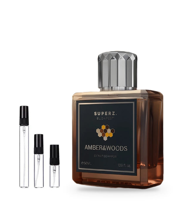 Superz. Amber & Woods sample – decant in glazen sprayflesje (2, 5 of 10 ml)