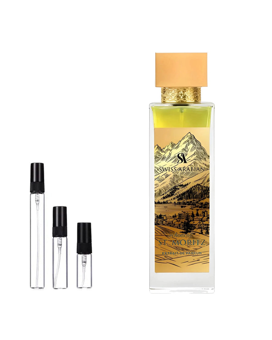 Swiss Arabian Echoes of St. Moritz Extrait sample – decant in glazen sprayflesje (2, 5 of 10 ml)